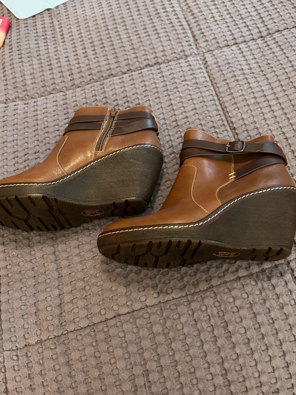 Sofft Cognac Wedge Ankle Boots with Buckle Wrap - Picture 7 of 12